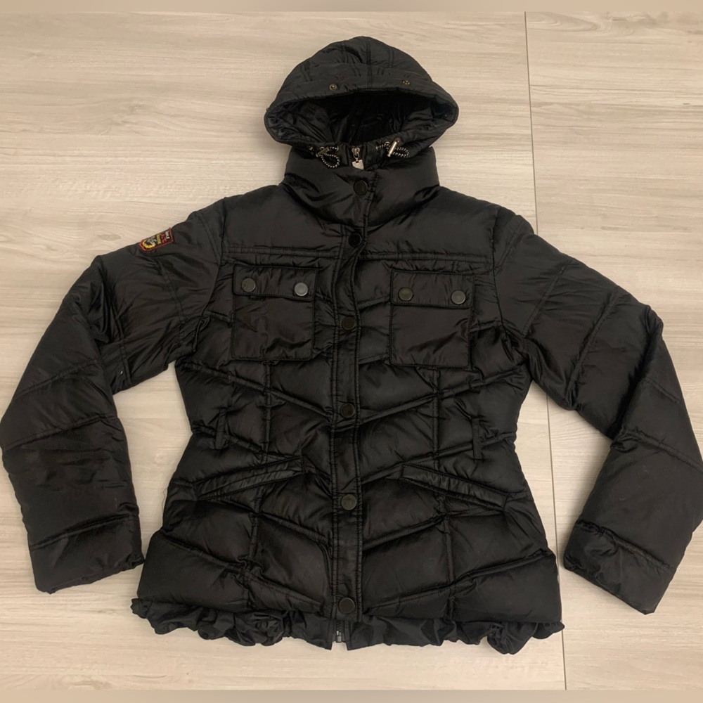 Triple F.A.T. Goose Black Puffer Zip Up Hooded Jacket. Women’s Large